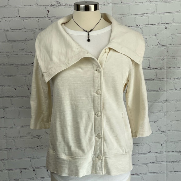 Eddie Bauer Jackets & Blazers - Eddie Bauer Sweat Jacket/Cardigan Cream Asymmetric Buttons/Collar 3/4 Sleeve MED